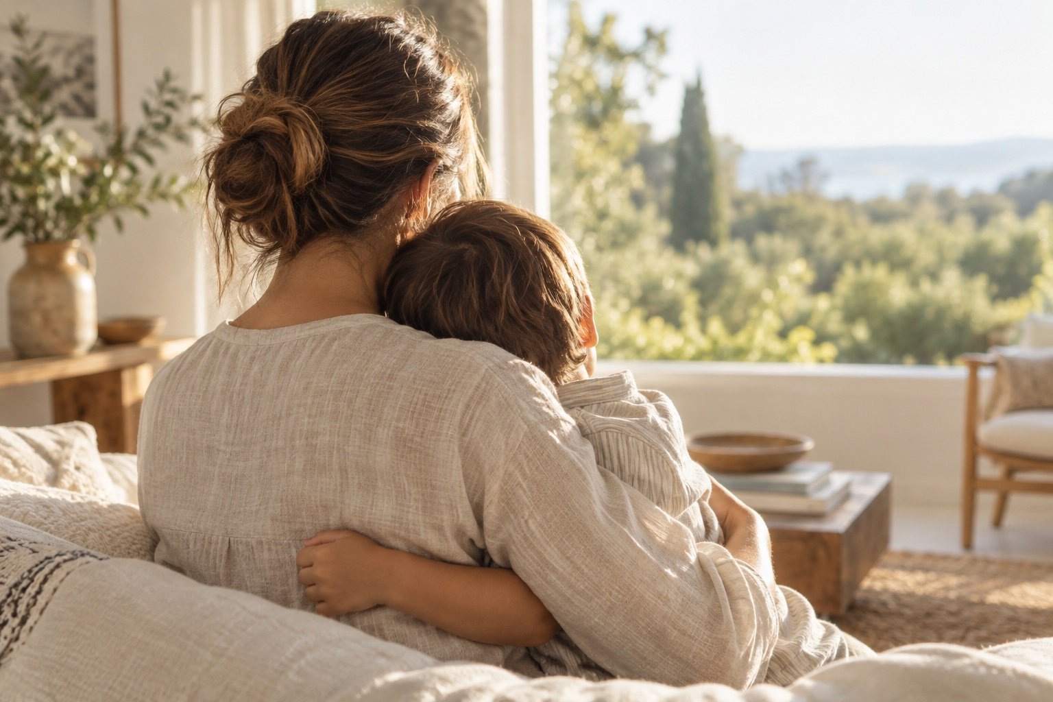 Una madre abraza a su hijo en casa