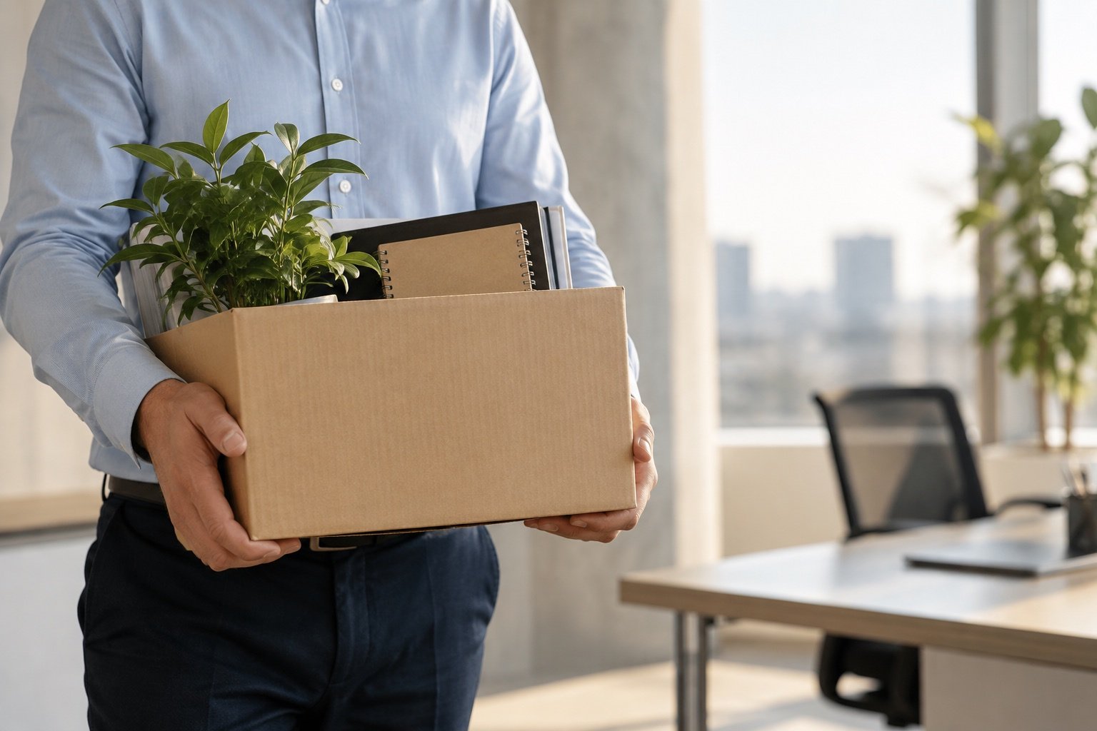 Una persona lleva una caja con sus pertenencias en una oficina