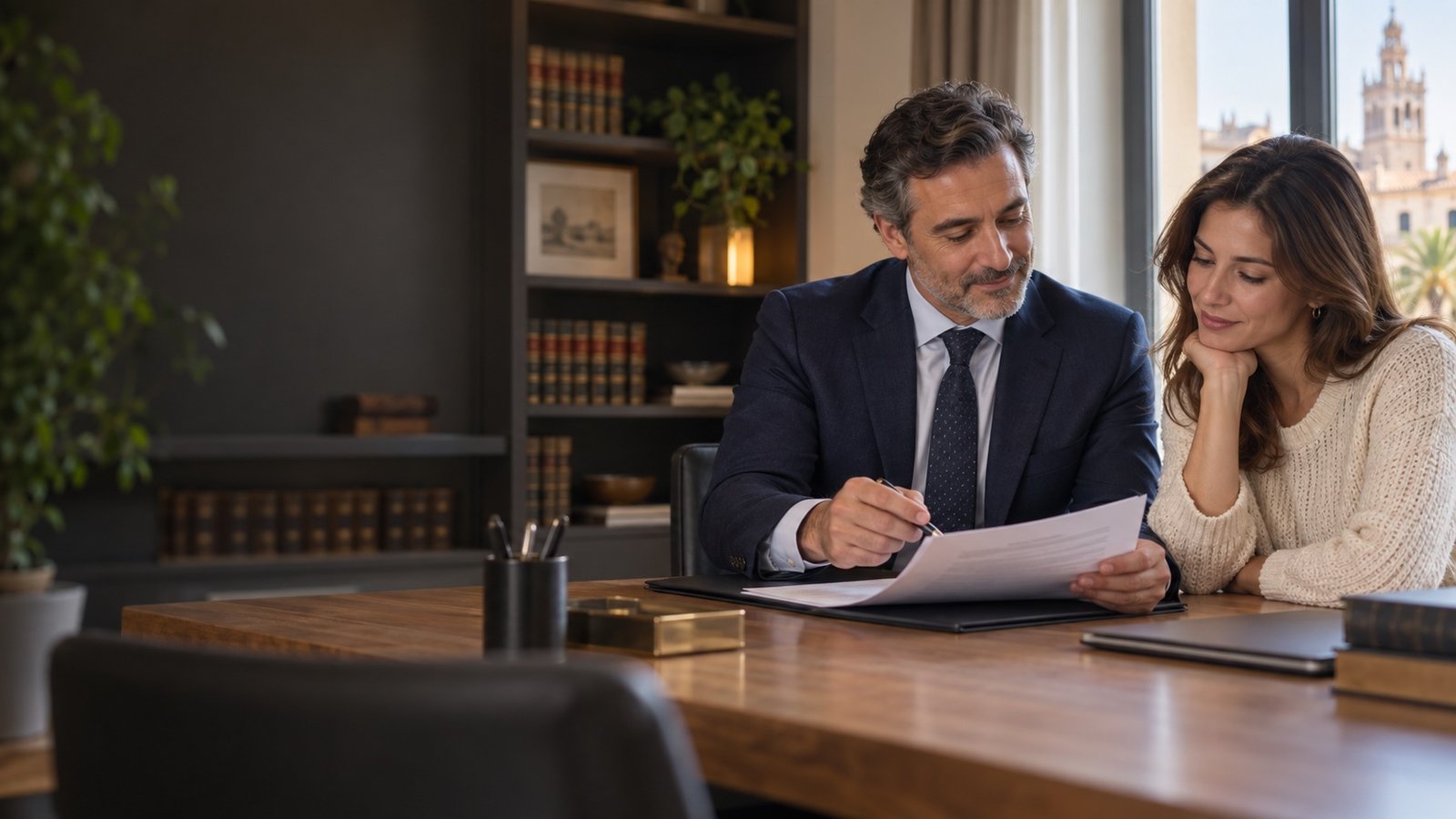 Un profesional revisa documentación con una clienta