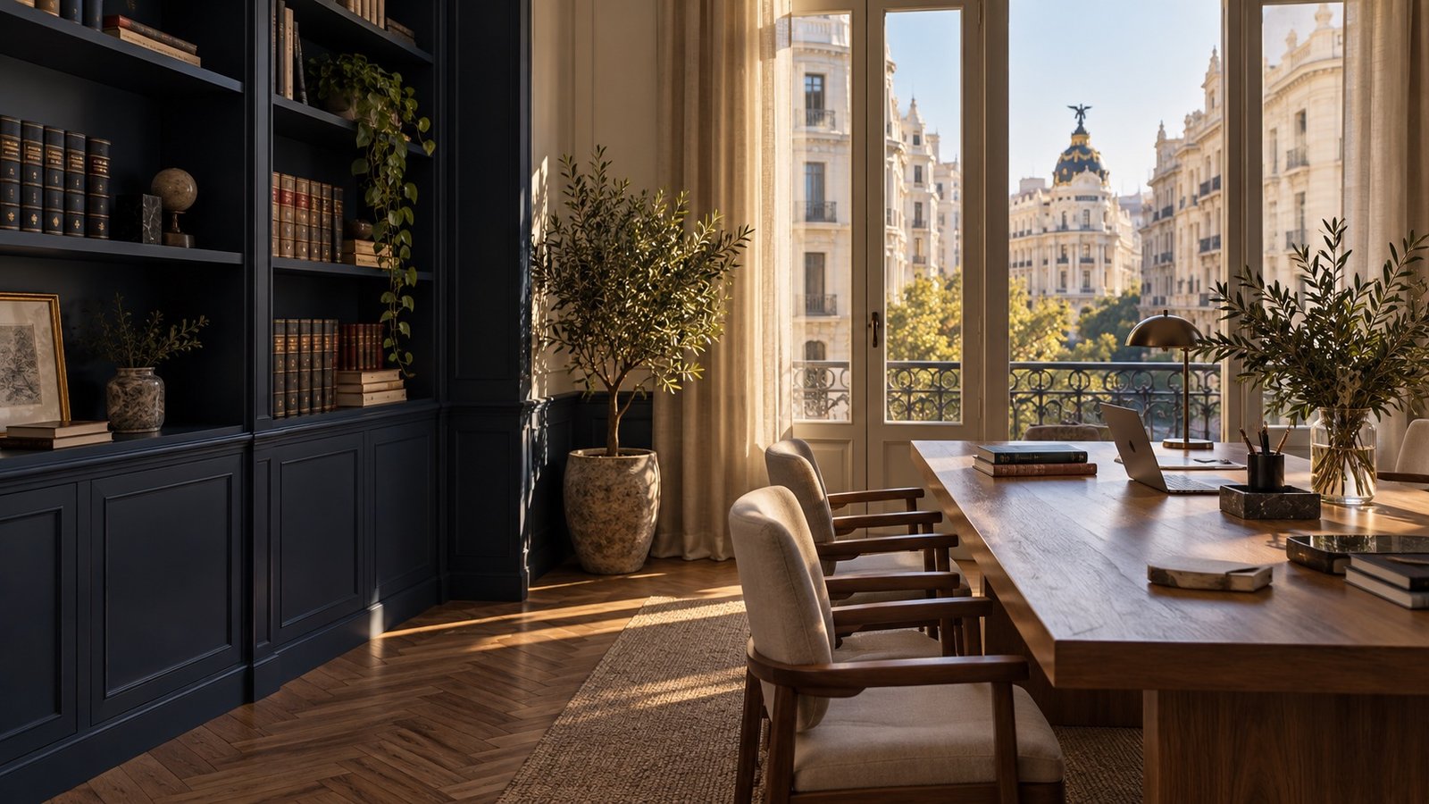 Un despacho con biblioteca, mesa de reuniones y luz natural
